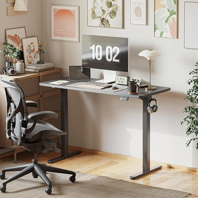 Cubiker 48 x 24 Inch Standing Desk, Stand up Height Adjustable Home Office Electric Table, Sit Stand Desk with Splice Board, Black Frame & Black Desktop - LeafyLoom