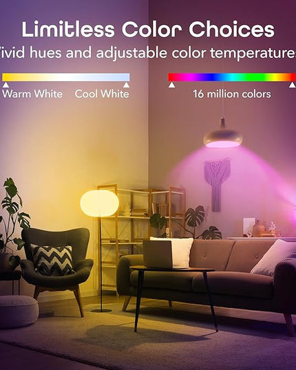 Geeni Smart Light Bulbs - Color Changing & Tunable White, Dimmable, Works with Alexa & Google Home, 2.4 GHz WiFi, A19, 800 lm, 4 Pack Geeni