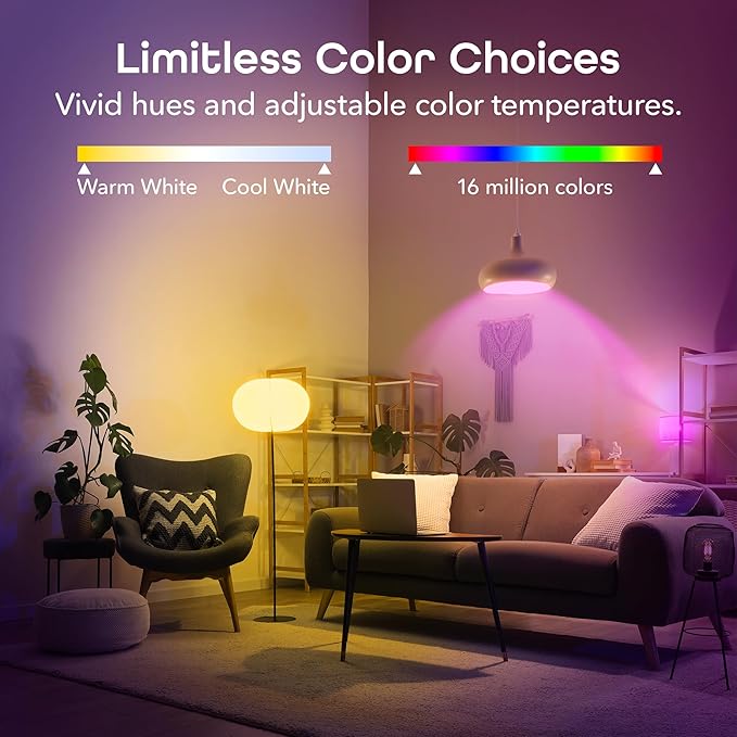 Geeni Smart Light Bulbs - Color Changing & Tunable White, Dimmable, Works with Alexa & Google Home, 2.4 GHz WiFi, A19, 800 lm, 4 Pack Geeni