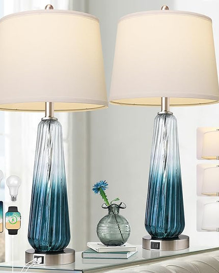 QiMH Table Lamps for Bedroom Set of 2, Glass Table Lamp for Living Room,20W Fast Charge C+A USB Ports, 27.5" Modern Tall Bedside Nightstand Lamp White Lampshade Coastal Decor(LED Bulb Included) - LeafyLoom