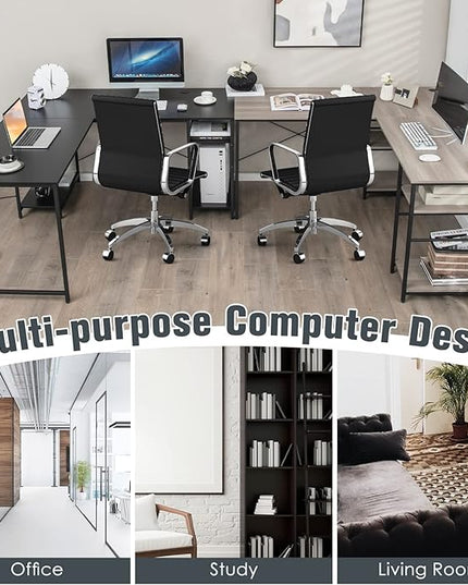 L-Shaped Home Office Desk, Corner Computer Desk w/Monitor Stand, Reversible PC Desk w/Heavy-Duty Metal Frame, Long Office Desk for 2 Person, Space-Saving Design (Black) - LeafyLoom