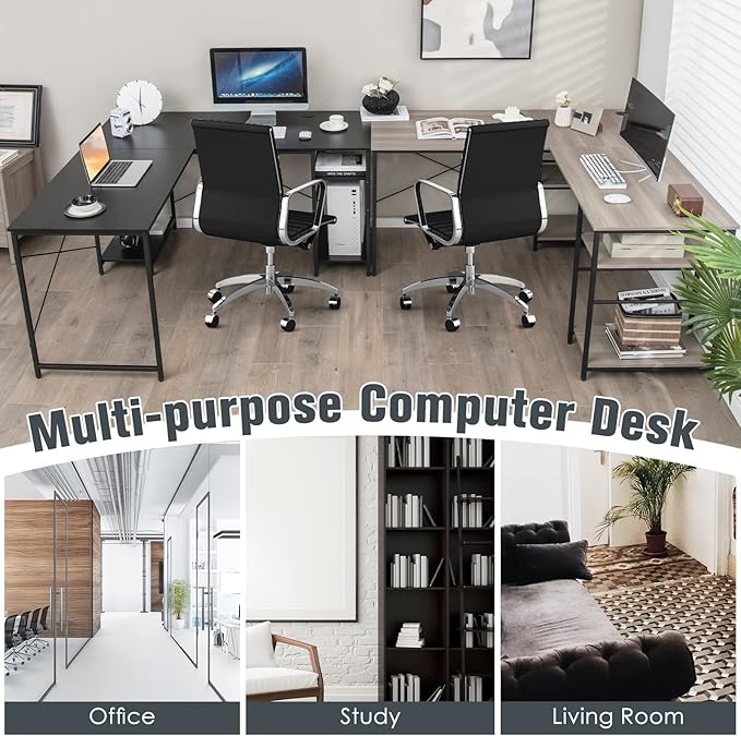 L-Shaped Home Office Desk, Corner Computer Desk w/Monitor Stand, Reversible PC Desk w/Heavy-Duty Metal Frame, Long Office Desk for 2 Person, Space-Saving Design (Black) - LeafyLoom