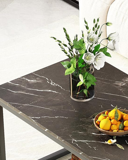 Coffee Table Black Table for Living Room,2 Tiers Rectangle Center Table with Sturdy Metal Frame,Modern Black Faux Marble Coffee Table for Bedroom Home Office - LeafyLoom