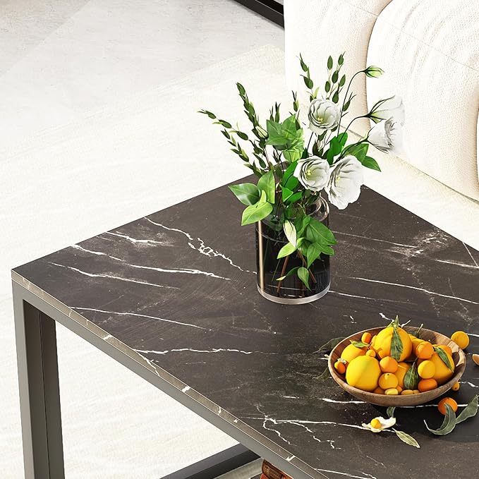 Coffee Table Black Table for Living Room,2 Tiers Rectangle Center Table with Sturdy Metal Frame,Modern Black Faux Marble Coffee Table for Bedroom Home Office - LeafyLoom