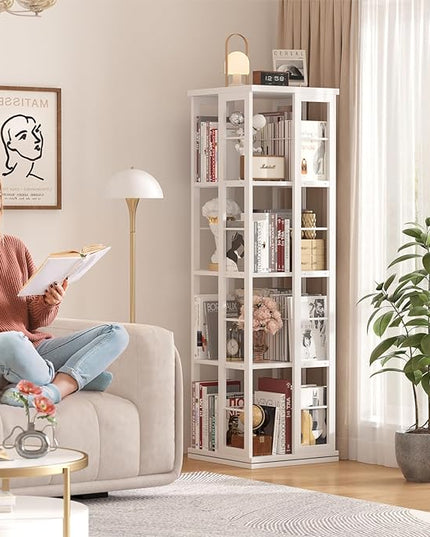 Aheaplus Rotating Bookshelf, Corner Bookshelf, 360 Display Wood Spinning Bookshelf, Floor Standing Bookcase Narrow Shelf Revolving Organizer Storage Rack for Small Space, Bedroom, Study Room, White - LeafyLoom