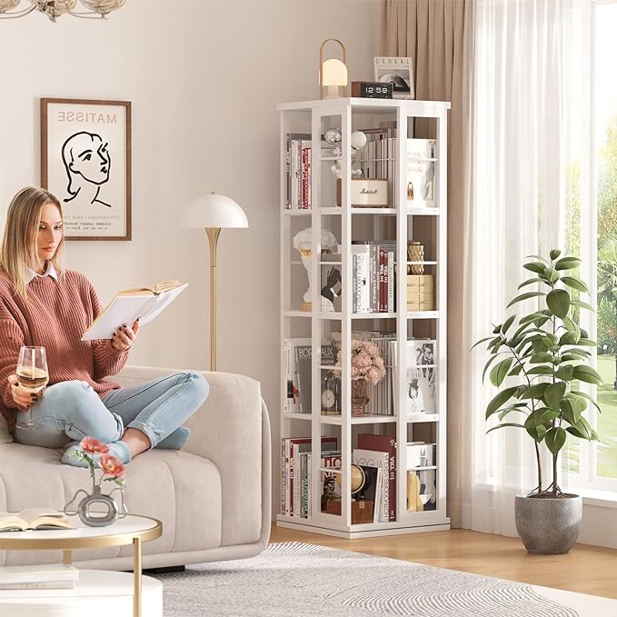 Aheaplus Rotating Bookshelf, Corner Bookshelf, 360 Display Wood Spinning Bookshelf, Floor Standing Bookcase Narrow Shelf Revolving Organizer Storage Rack for Small Space, Bedroom, Study Room, White - LeafyLoom