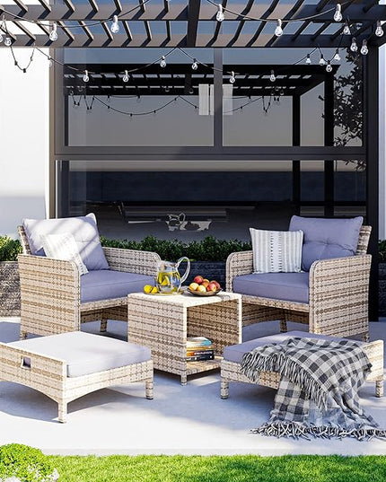 Pamapic 5 Pieces Outdoor Patio Wicker Chairs Set with Ottoman .Outside Conversation Furniture Set with Cushions and Coffee for Balcony Porch Lawn Garden Table (Purple Cushion + Grey Rattan) - LeafyLoom