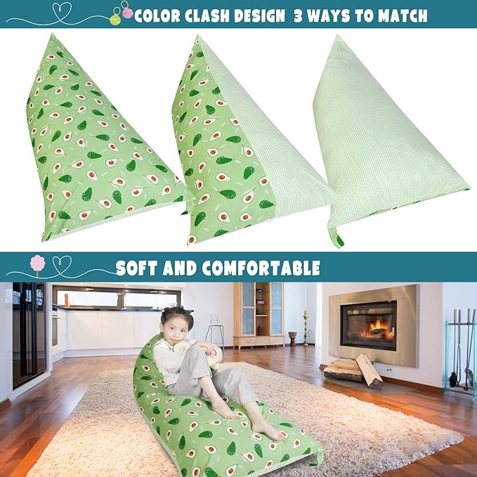 Stuffed Animal Storage Bean Bag Chair Cover, Cotton Green Avocado Plush Toy Storage Stuff and Sit Seat for Kids/Teens/Adults, 52" x 31" Extra Large Triangle Floor Sofa, 200L/52Gal, Cover Only - LeafyLoom