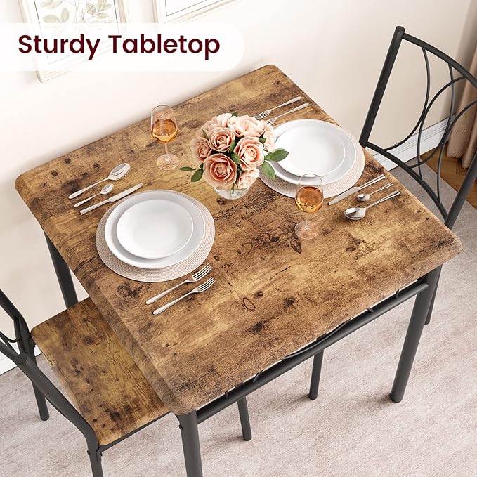 IDEALHOUSE Dining Table Set for 2, Kitchen Table and Chairs, Square Dining Room Table Set with 2 Metal and Wood Chairs, 3 Piece Dining Table Set for Small Spaces, Apartment, Rustic Brown - LeafyLoom