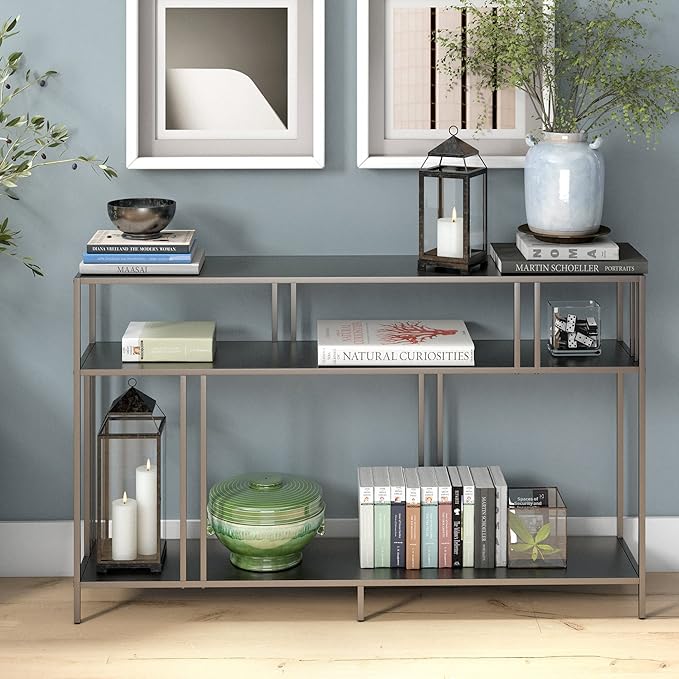 Henn&Hart 48" Wide Rectangular Console Table with Metal Shelves in Gunmetal Gray, Entryway Table, Accent Table for Living Room, Hallway - LeafyLoom