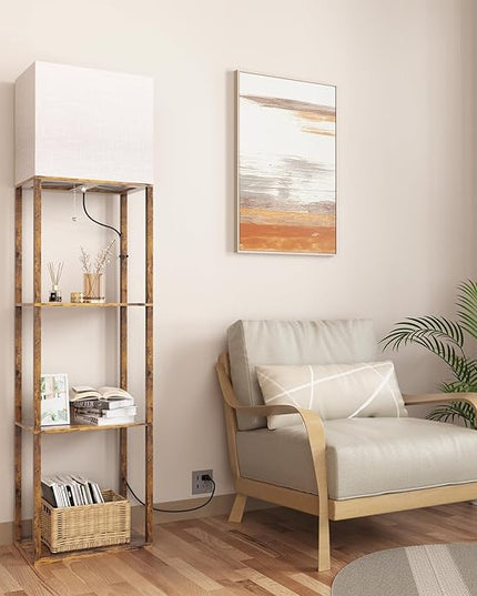 Dott Arts Floor Lamp with Shelves, Wide Floor Lamps for Living Room Display Shelf Lamps with 3 Color LED Bulb,Storage Wood Modern Floor Lamp for Bedroom Standing Lamp for Living Room Office（Brown） - LeafyLoom