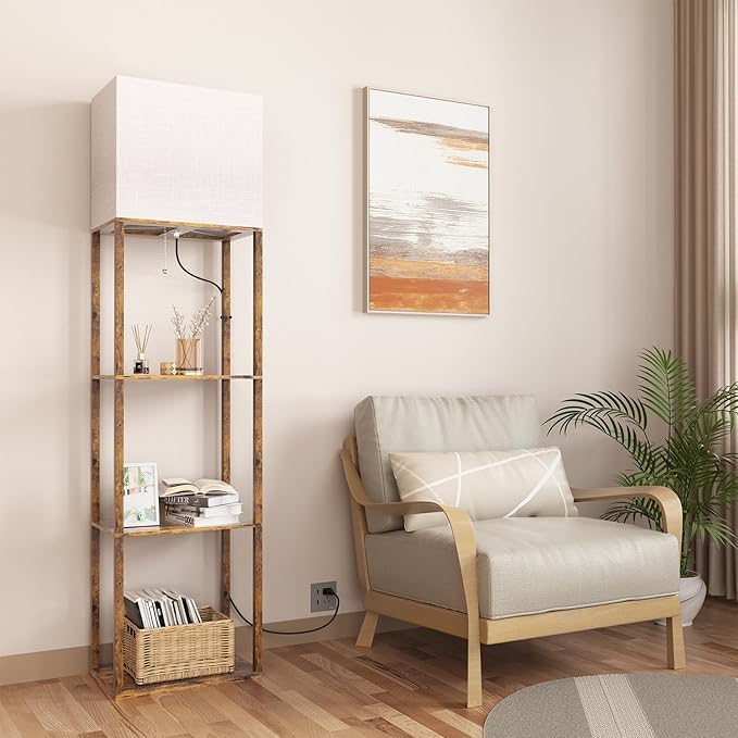 Dott Arts Floor Lamp with Shelves, Wide Floor Lamps for Living Room Display Shelf Lamps with 3 Color LED Bulb,Storage Wood Modern Floor Lamp for Bedroom Standing Lamp for Living Room Office（Brown） - LeafyLoom