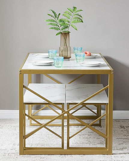 VECELO Kitchen Table with 2 Benches for 6,Wood Dining Room Dinette Sets with Metal Frame for Breakfast Nook and Small Space, 55", White&Gold - LeafyLoom