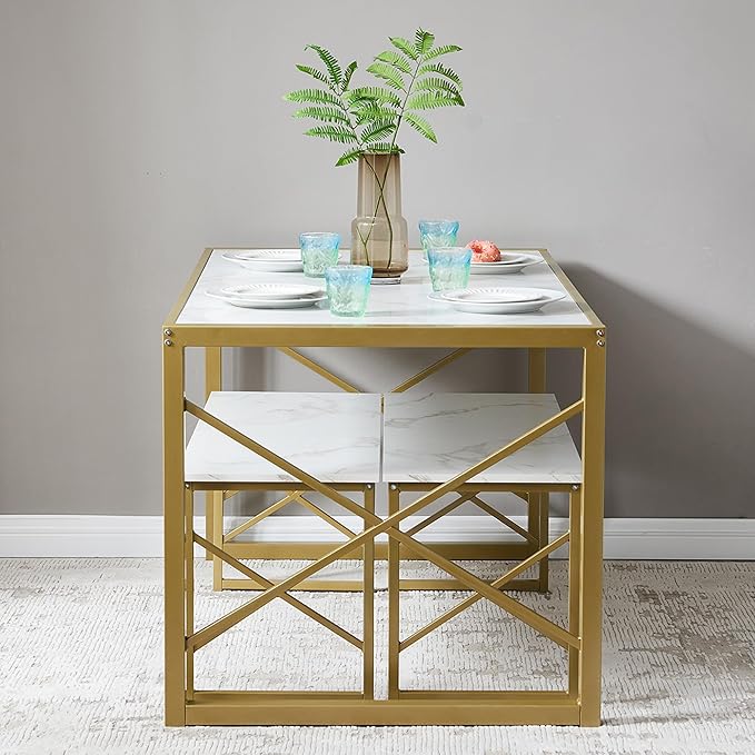 VECELO Kitchen Table with 2 Benches for 6,Wood Dining Room Dinette Sets with Metal Frame for Breakfast Nook and Small Space, 55", White&Gold - LeafyLoom