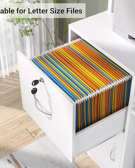 Homieasy Vertical Filing Cabinet with Lock & Charging Station, Large Drawer Wood File Cabinet with Bookshelf, Printer Stand with Open Storage Shelf, fits Letter Size for Home Office, White - LeafyLoom
