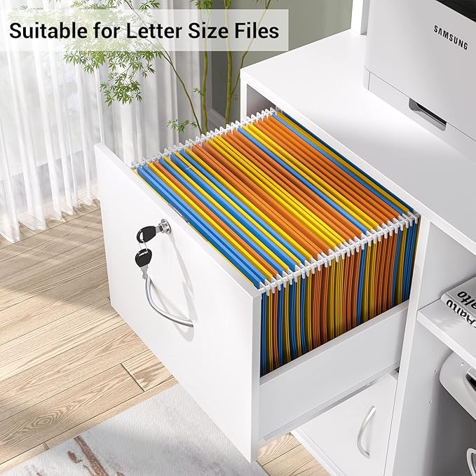 Homieasy Vertical Filing Cabinet with Lock & Charging Station, Large Drawer Wood File Cabinet with Bookshelf, Printer Stand with Open Storage Shelf, fits Letter Size for Home Office, White - LeafyLoom
