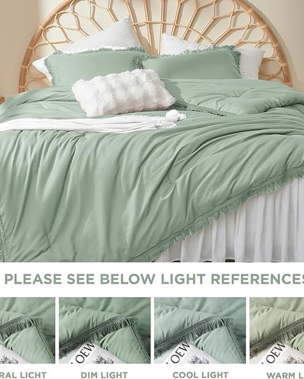 Litanika Sage Green Comforter Queen Set, Boho Tassel Comforter Aesthetic 3 Pieces, Lightweight Fringe Microfiber Bedding Set for All Season(1 Comforter 90x90 inch, 2 Pillowcases) - LeafyLoom