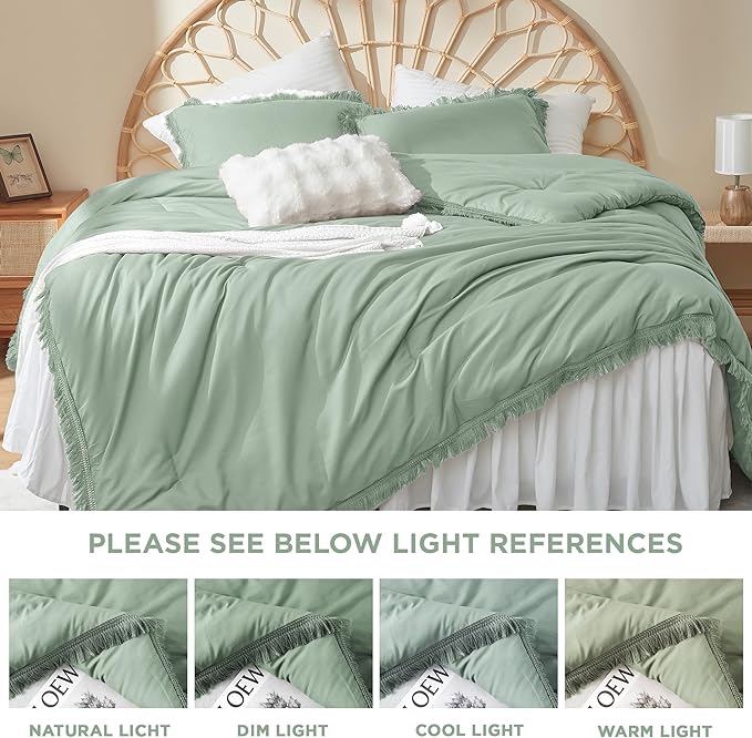 Litanika Sage Green Comforter Queen Set, Boho Tassel Comforter Aesthetic 3 Pieces, Lightweight Fringe Microfiber Bedding Set for All Season(1 Comforter 90x90 inch, 2 Pillowcases) - LeafyLoom