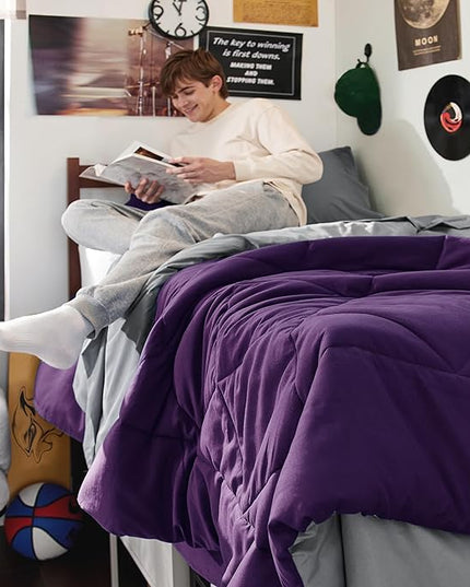 Bedsure Purple Twin XL Comforter Sets - 5 Pieces Reversible Twin XL Bedding Sets, Bed Sets Comforters, Sheets, Pillowcase & Sham, Grey XL Twin Bed in a Bag for College - LeafyLoom