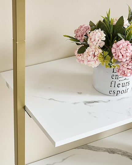 Tajsoon 5-Tier Ladder Shelf, Large Wall Mount Bookshelf with Metal Frame, Open Display Shelves for Living Room, Bedroom, Home, Plant Flower, White & Gold - LeafyLoom