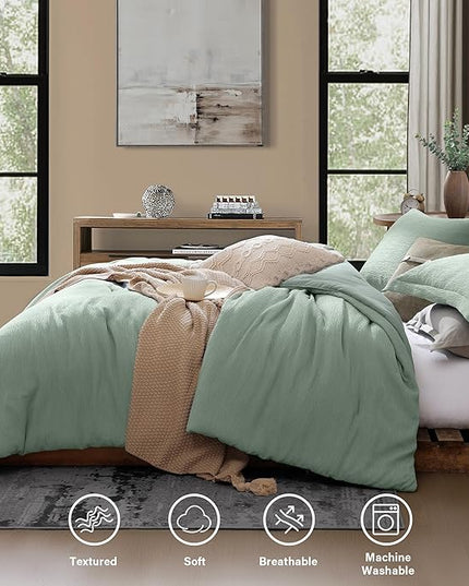 Sage Green Queen Comforter Set, 3 Piece Crinkle Design Summer Beddding Queen Size, Minimalist Queen Bed Set with Modern Green Comforter & Shams (Queen, 90"x90") - LeafyLoom