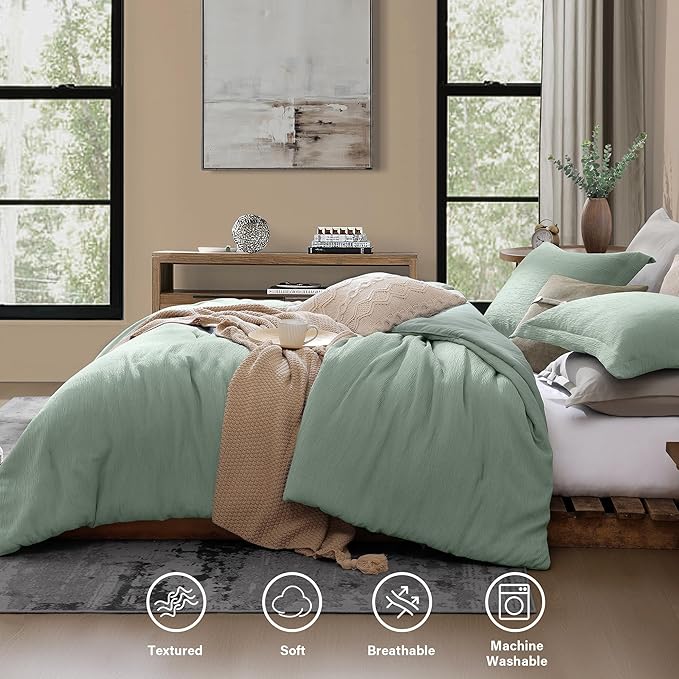 Sage Green Queen Comforter Set, 3 Piece Crinkle Design Summer Beddding Queen Size, Minimalist Queen Bed Set with Modern Green Comforter & Shams (Queen, 90"x90") - LeafyLoom