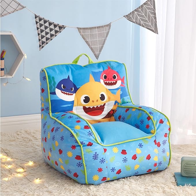 Idea Nuova Baby Shark Kids Mink Plush Bean Bag Chair with Piping & Top Carry Handle, Large - LeafyLoom