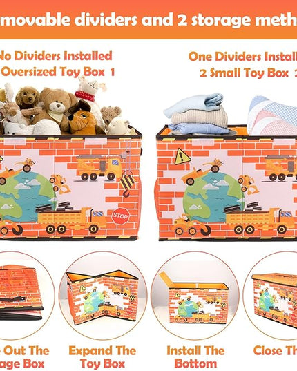 Large Toy Box Chest, Collapsible Sturdy Toy Storage Organizer for Kids, Boys, Girls, 25"x13"x16" Toy Chest Storage Bins with Lids Toy Bins Baskets Boxes for Living Room, Playroom, Nursery, Orange - LeafyLoom