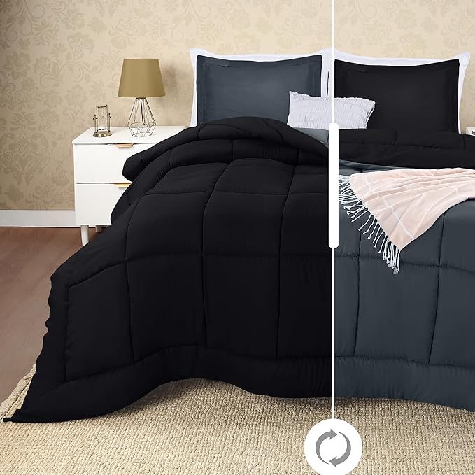 Utopia Bedding Queen Size Comforter Set with 2 Pillow Shams, Bedding Comforter Sets, Down Alternative Reversible Black/Grey Comforter, Soft and Comfortable, Machine Washable - LeafyLoom