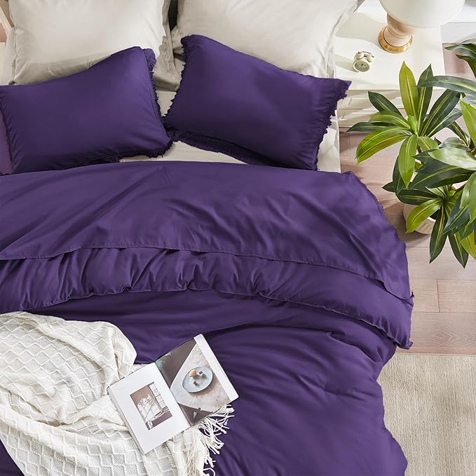 Andency Purple Comforter Set Full, 3 Pieces Boho Tassel Lightweight Bedding Comforter Sets, All Season Soft Fluffy Fringe Bed Set (79x90In Comforter & 2 Pillowcases) - LeafyLoom