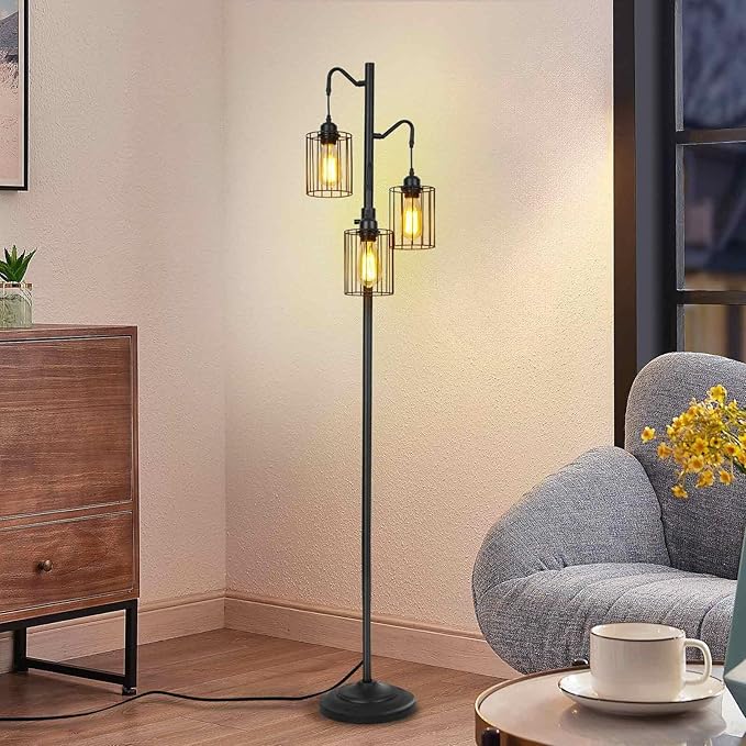 Floor lamp, 69 inch 3-Light Dimmable Farmhouse Floor Lamps for Living Room with 3 Free LED Edison Bulbs, Modern Industrial Vintage Corner Tall Tree Standing Floor Lamp for Bedroom Office - LeafyLoom