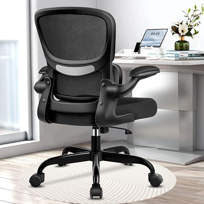Office Chair, Ergonomic Desk Chair with Lumbar Support and Adjustable Armrests, Comfy Desk Chair Breathable Mesh Mid Back Computer Chair, Reclining Office Chair for Home Office - Black - LeafyLoom