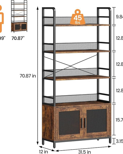 GAOMON Industrial Bookshelf with Doors 70.87" Tall Bookcase with 4 Tiers Open Storage Shelf Rustic Bookshelves Display Rack Cabinet Farmhouse Bookshelf for Bedroom, Living Room, Home Office, Brown - LeafyLoom