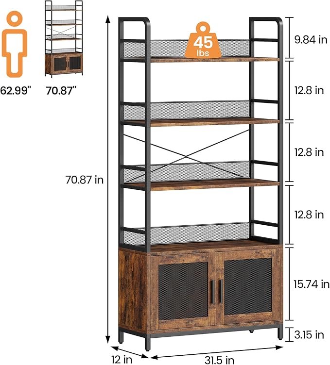 GAOMON Industrial Bookshelf with Doors 70.87" Tall Bookcase with 4 Tiers Open Storage Shelf Rustic Bookshelves Display Rack Cabinet Farmhouse Bookshelf for Bedroom, Living Room, Home Office, Brown - LeafyLoom