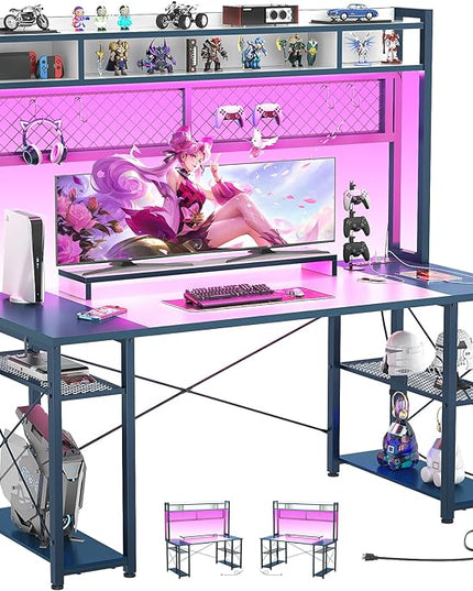 armocity 2024 Upgrade Gaming Desk with Hutch, 55.2'' Magic Computer Desk with LED Lights and Outlets, Reversible Workstation Desk with Pegboard and Monitor Stand, Gamer Desk PC Table, White and Blue - LeafyLoom