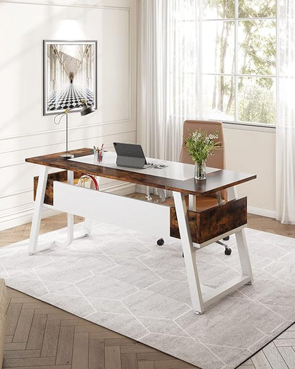 Tribesigns Office Executive Desk, 63 inch Large Computer Desk Writing Desk with Storage Shelf, Modern Simple Workstation Business Furniture for Home Office, White Rustic Brown - LeafyLoom