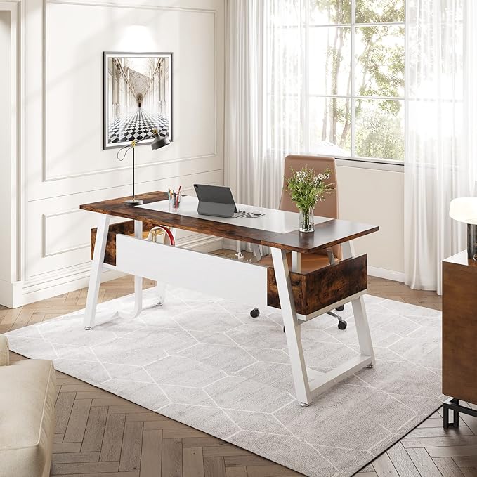 Tribesigns Office Executive Desk, 63 inch Large Computer Desk Writing Desk with Storage Shelf, Modern Simple Workstation Business Furniture for Home Office, White Rustic Brown - LeafyLoom