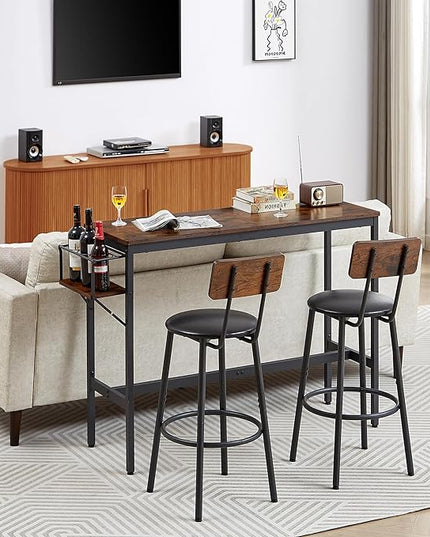 Dining Table Set for 2, Bar Table and Chairs Set, Industrial Counter Height Bar Table with Wine Rack, and 2 PU Upholstered Seat Stools with Backrest & Footrest, for Kitchen, Bar, Rustic Brown - LeafyLoom