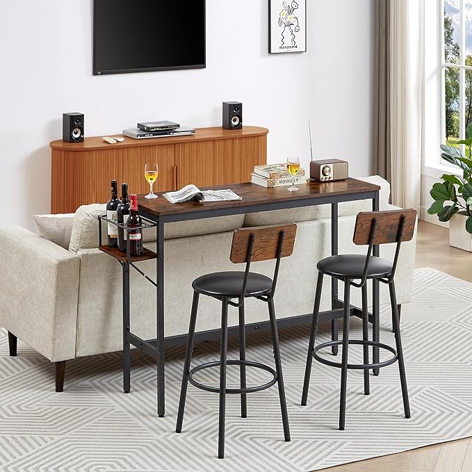 Dining Table Set for 2, Bar Table and Chairs Set, Industrial Counter Height Bar Table with Wine Rack, and 2 PU Upholstered Seat Stools with Backrest & Footrest, for Kitchen, Bar, Rustic Brown - LeafyLoom