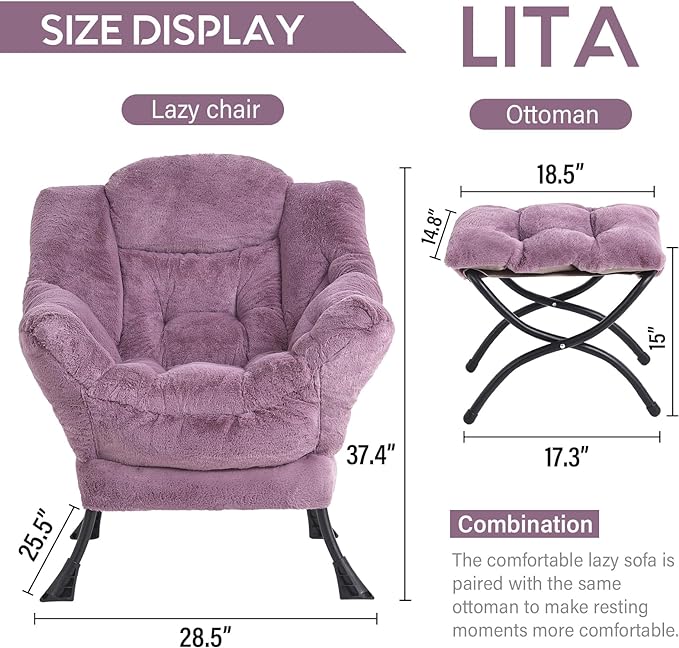 LITA Lazy Chair with Ottoman, Modern Accent Leisure Upholstered Sofa Chair, Lounge Reading Chair with Armrests and a Side Pocket for Living Room, Bedroom & Small Space - LeafyLoom