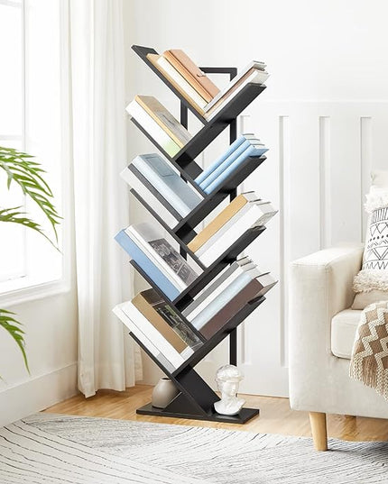 HOOBRO Tree Bookshelf, 9-Tier Bookcase Wooden Shelves, Floor Standing Storage Rack, for Display of CDs, Books in Living Room, Home Office, Wood Storage Rack for Bedroom, Black BB08SJ01G1 - LeafyLoom