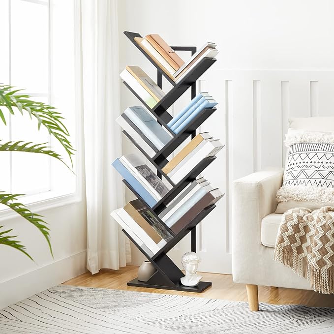 HOOBRO Tree Bookshelf, 9-Tier Bookcase Wooden Shelves, Floor Standing Storage Rack, for Display of CDs, Books in Living Room, Home Office, Wood Storage Rack for Bedroom, Black BB08SJ01G1 - LeafyLoom