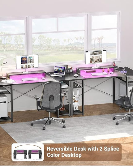 armocity Computer Desk with LED Lights, 48 Inch Reversible Large Desk with Power Outlet and USB, 48'' Gaming PC Table with Moveable Monitor Stand for Home Office, Workstation, Grey and Black - LeafyLoom