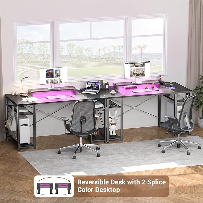 armocity Computer Desk with LED Lights, 55 Inch Desk with Power Outlet and USB, Reversible Large Desk with Moveable Monitor Stand, 55.2'' Gaming PC Table for Home Office, Workstation, Grey and Black - LeafyLoom