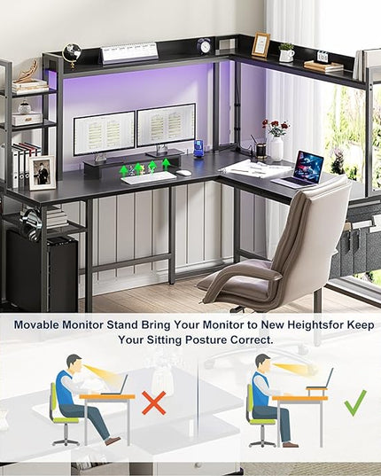 Aheaplus L Shaped Desk with Power Outlet, L Shaped Gaming Desk with Led Light & Hutch, Reversible Home Office Desk, Corner Computer Desk Writing Desk with Monitor Stand & Storage Shelves, Black - LeafyLoom