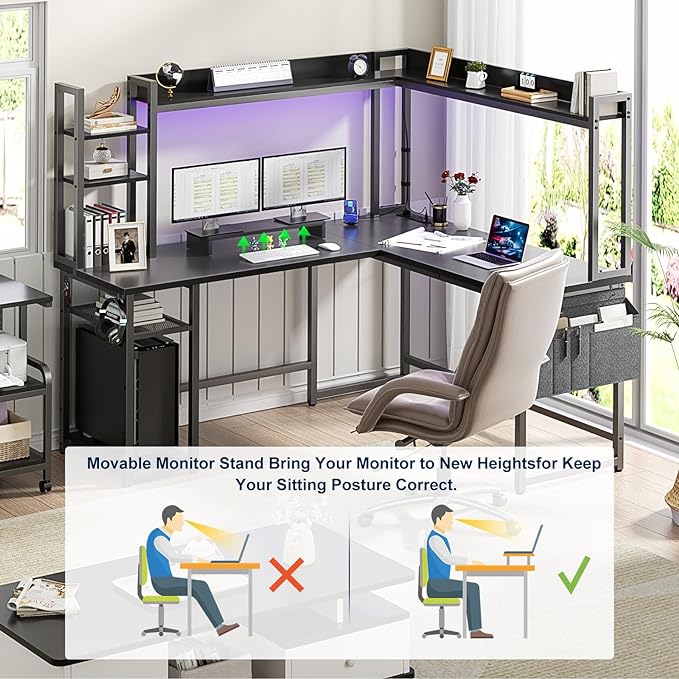 Aheaplus L Shaped Desk with Power Outlet, L Shaped Gaming Desk with Led Light & Hutch, Reversible Home Office Desk, Corner Computer Desk Writing Desk with Monitor Stand & Storage Shelves, Black - LeafyLoom