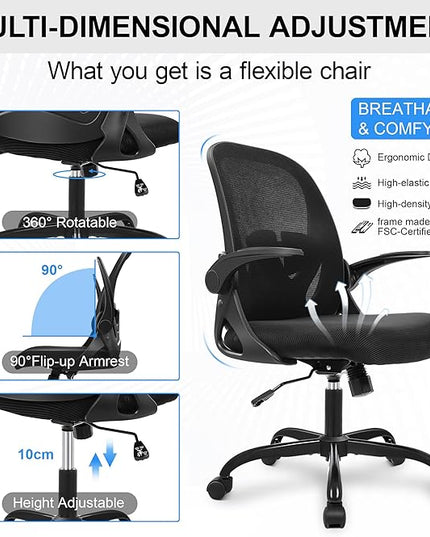 Primy Office Chair Ergonomic Desk Chair with Flip up Armrests Swivel Breathable Desk Mesh Computer Chair with Adjustable Lumbar Support and Height for Conference Room (Black) - LeafyLoom