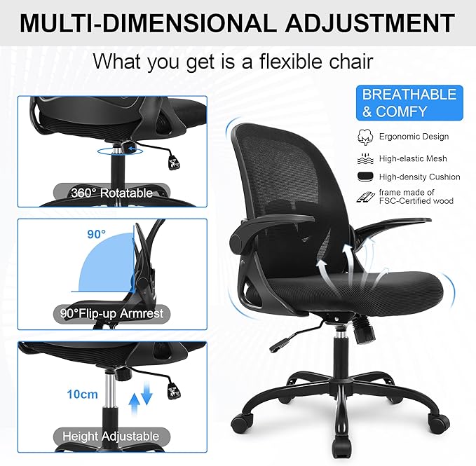 Primy Office Chair Ergonomic Desk Chair with Flip up Armrests Swivel Breathable Desk Mesh Computer Chair with Adjustable Lumbar Support and Height for Conference Room (Black) - LeafyLoom