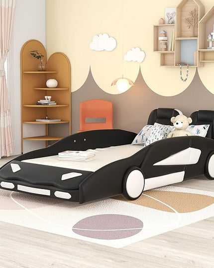 Twin Size Race Car Bed Platform Bed with Wheels and Side Rails,Bed Frame W/Two Seats Headboard,for Kids Boys Girls Teens,Black - LeafyLoom