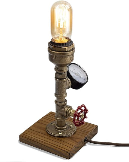Steampunk Lamp with Dimmer, Dimmable Loft Style Industrial Vintage Antique Style Light with Bulb, Wood Base with Iron Piping Desk Lamp, Retro Desk Lamp LL-025 - LeafyLoom